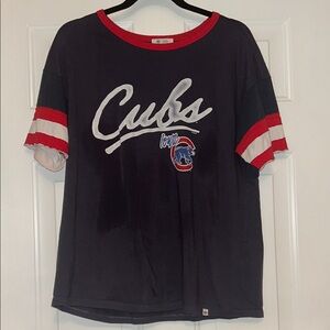 ‘47 Cubs Graphic Cotton Tee LG Navy Red Stripes Loose V-Neck Baseball Sporty